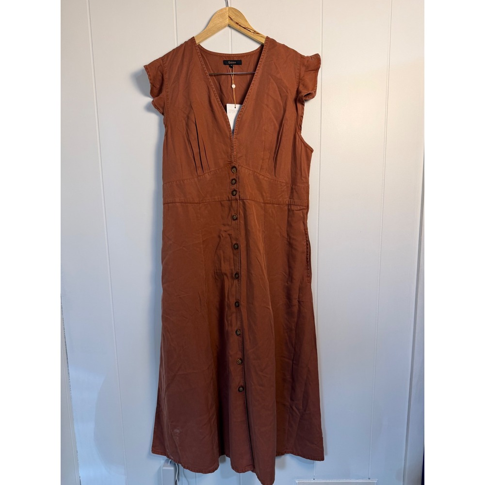 Quince Midi Dress XL Rust Tencel Lyocell Ruffle Sleeve Button Front Pockets